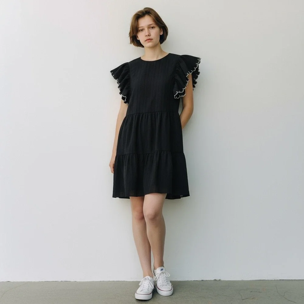 Who What Wear Tiered Ruffle Sleeve Dress Black Striped Size XS Mini Womens Party